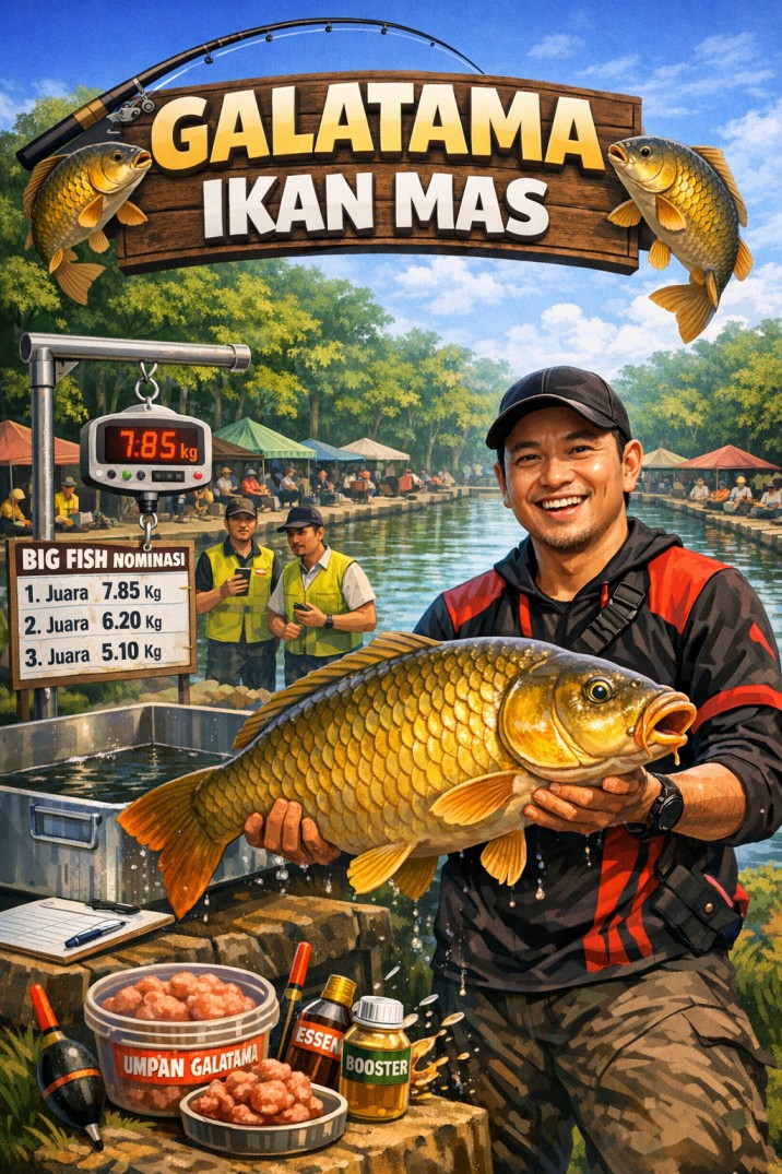 Ilustrasi lomba galatama ikan mas dengan ikan indukan dan timbangan digital